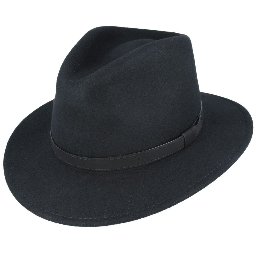 Wool Felt Fedora Hat With Leather Band - Black