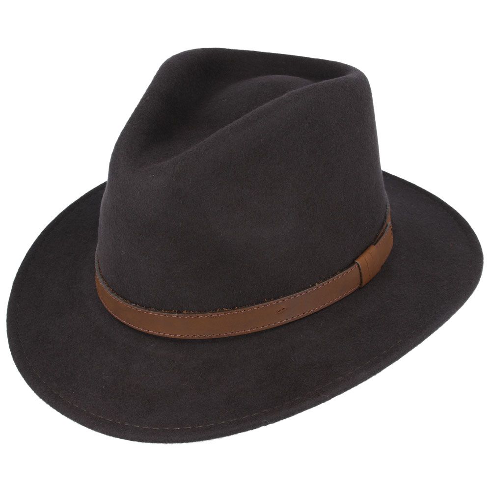 Wool Felt Fedora Hat With Leather Band - Brown