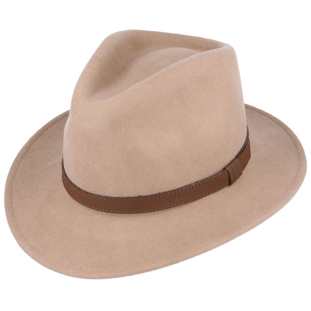Wool Felt Fedora Hat With Leather Band - Camel
