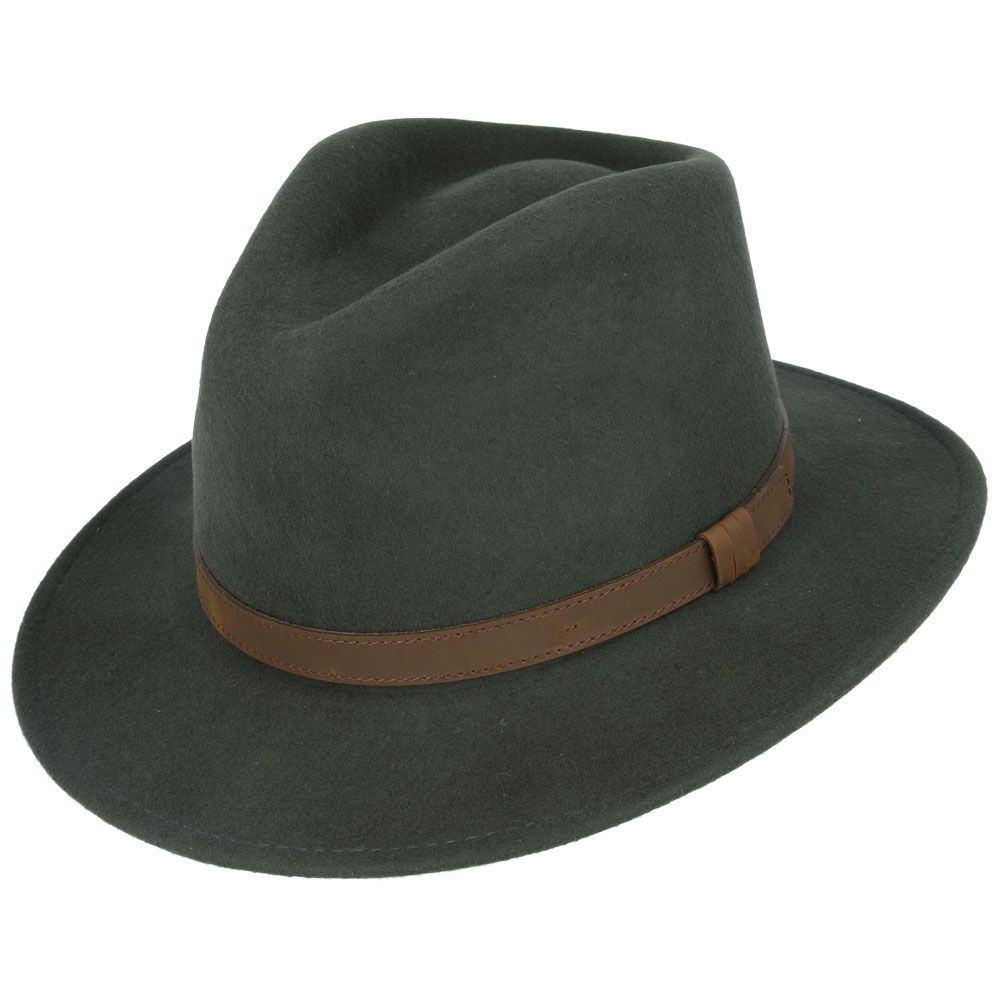 Wool Felt Fedora Hat With Leather Band - Dark Green