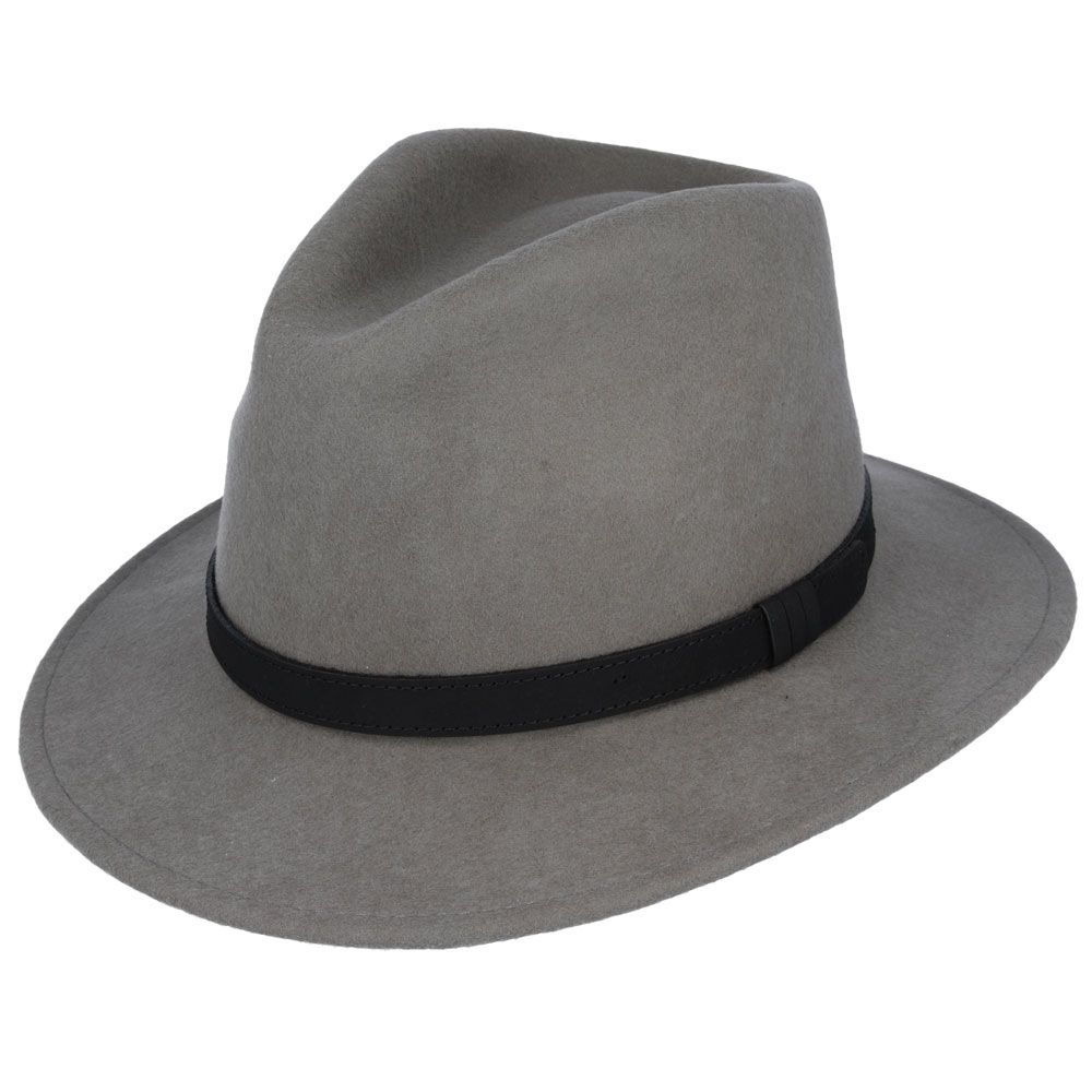 Wool Felt Fedora Hat With Leather Band - Grey