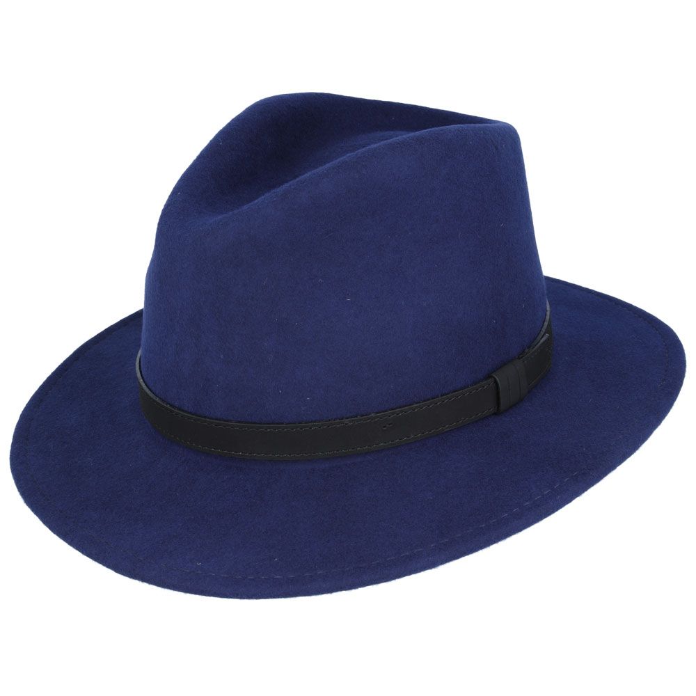 Wool Felt Fedora Hat With Leather Band - Navy