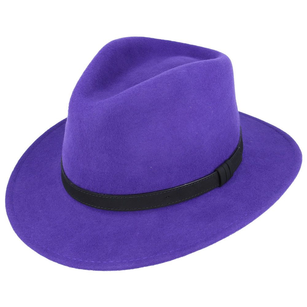 Wool Felt Fedora Hat With Leather Band - Purple