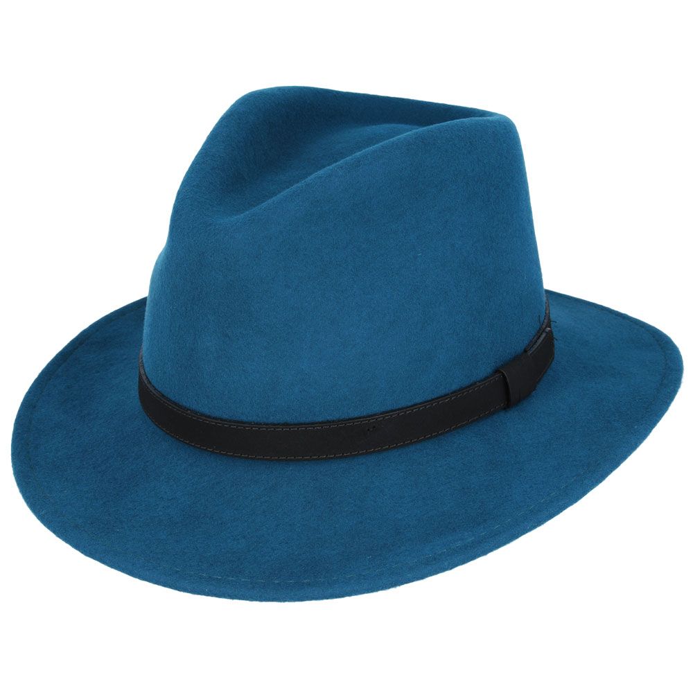 Wool Felt Fedora Hat With Leather Band - Teal