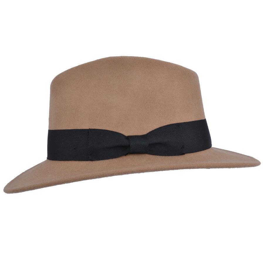 Wool Fedora With Grosgrain Ribbon Band Hat - Camel