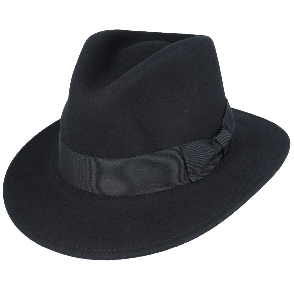 Wool Fedora With Grosgrain Ribbon Band Hat - Black