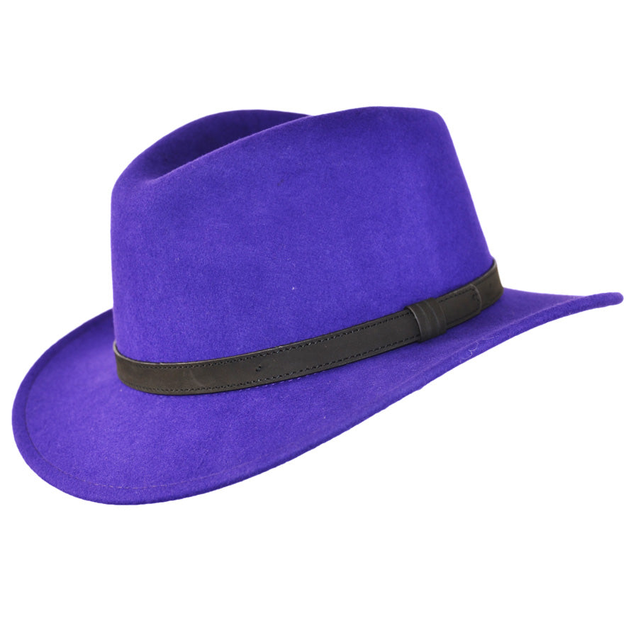 Wool Felt Fedora Hat With Leather Band - Purple