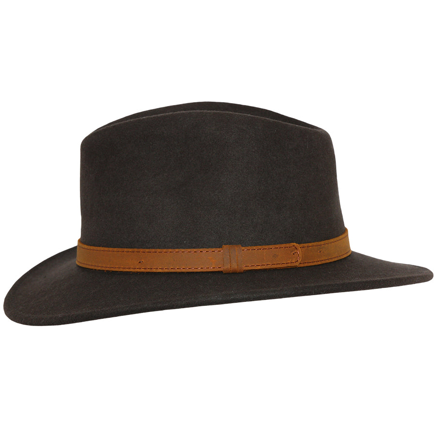 Wool Felt Fedora Hat With Leather Band - Brown