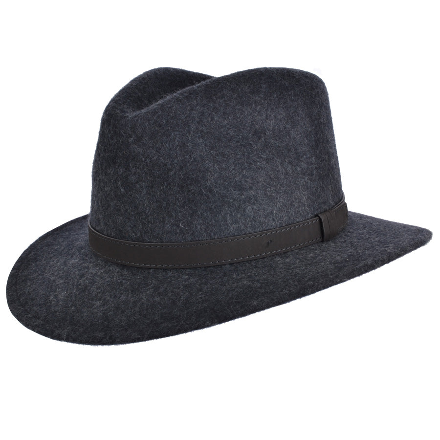 Wool Felt Fedora Hat With Leather Band - Mix Charcoal