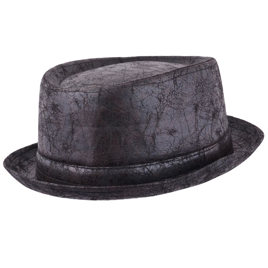 Cracked Leather Distressed Vintage Pork Pie Hat - Black