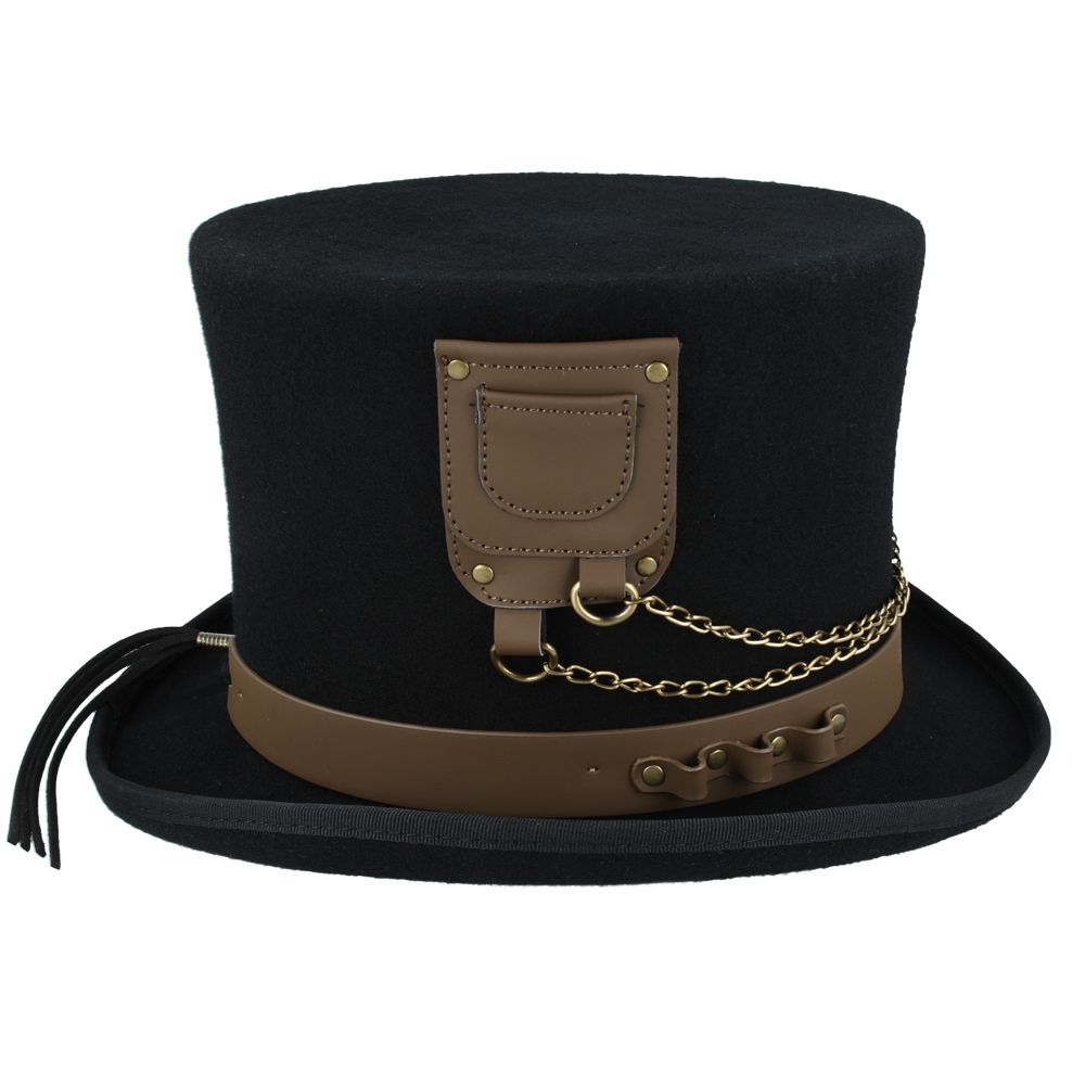 Gothic Victorian Steampunk Top Hat With Laced Brown Leather Look Band